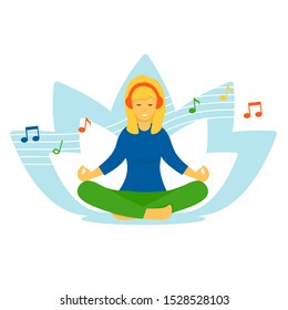 Young woman listens to music on headphones and meditates in the lotus position. Flat vector cartoon character illustration isolated on white background.