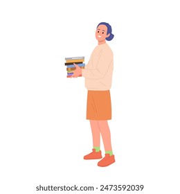Young woman literature fan cartoon character holding stack of paper books to read isolated on white
