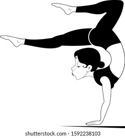 Young woman with lithe figure doing sport or yoga exercises illustration. Young woman with lithe figure standing on the hands with legs up and doing sport or yoga exercises black on white
