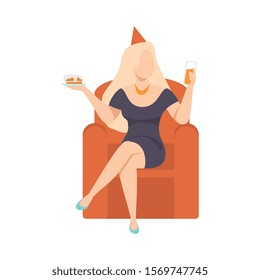 Young Woman In Little Black Dress Sitting With Birthday Cake And Glass Of Wine Vector Illustration