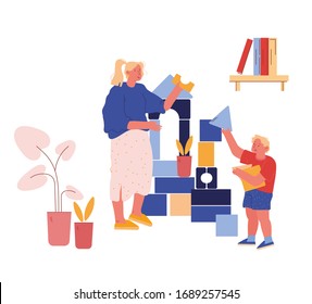 Young Woman and Little Boy with Autism Syndrome Building Tower of Wooden Blocks. Mother with Son or Teacher with Student Characters Spend Time Together have Fun. Cartoon People Vector Illustration