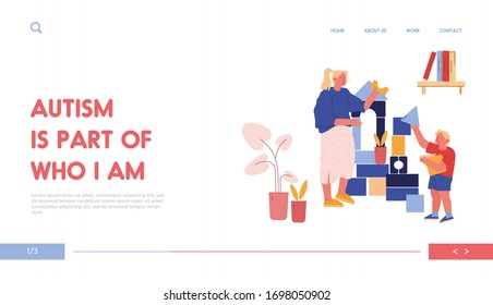 Young Woman and Little Boy with Autism Syndrome Landing Page Template. Mother with Son or Teacher Building Tower of Wooden Blocks. Characters Spend Time Together. Cartoon People Vector Illustration