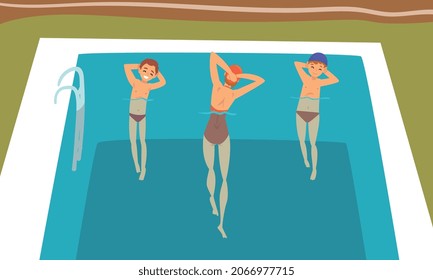 Joven y niño pequeño en piscina haciendo ejercicio físico Stretching Vector Set