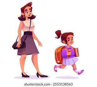 Mujer joven y niña pequeña con mochila, libro y lápiz caminar a la escuela. Ilustración vectorial de dibujos animados de madre e hija sonrientes con mochila yendo juntas a la institución educativa.