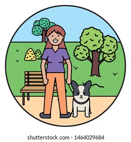 young woman with little dog in the park