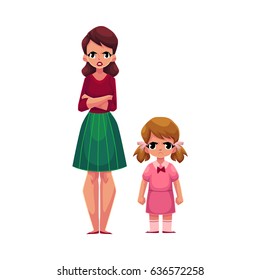 Young woman and little girl, mother and daughter standing with frowned, angry faces, cartoon vector illustration on white background. Frowning mother and daughter, elder and younger sisters standing