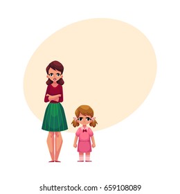 Young woman and little girl, mother and daughter standing with frowned, angry faces, cartoon vector illustration with space for text. Frowning mother and daughter, elder and younger sisters standing