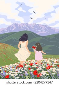 Mujer joven y niña caminan entre flores silvestres rojas y blancas. La gente disfruta del paisaje con montañas, nubes flotantes y pájaros voladores en el cielo. Ilustración vectorial simple de paisaje tranquilo.