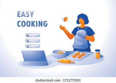 young woman live cooking at home with online course vector illustration
