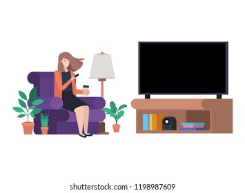 young woman in the livingroom with smartphone avatar character