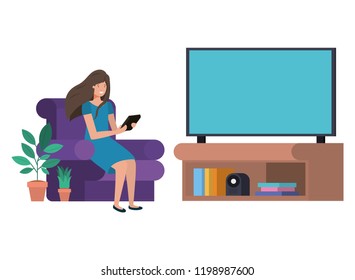 young woman in the livingroom with tablet avatar character