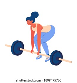 Young woman with loaded barbell training deadlifting exercise isolated on white. Healthy lifestyle cartoon illustration