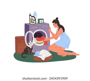 Young woman loading washing machine. Girl puts dirty clothes from basket in open door of laundry drum. Housewife does housework, chores with cat. Flat isolated vector illustration on white background