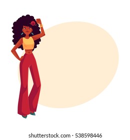 Young woman with long afro curly hair in 1960s style trousers dancing disco, cartoon style vector illustration on background with place for text. Girl, woman in retro style trousers with afro black