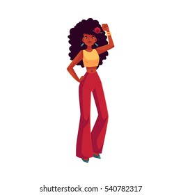 Young woman with long afro curly hair in 1960s style trousers dancing disco, cartoon style vector illustration isolated on white background. Girl, woman in retro style trousers with afro black hair