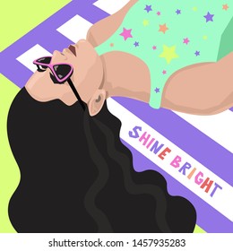 Young woman with long black hair in  swimsuit with colorful stars and sunglasses lay on the striped beach towel vector illustration for modern feminism and slogan "SHINE BRIGHT"