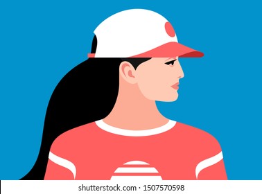 Young woman with long black hair wearing sportswear and baseball cap. Female character, side view, blue background. Vector illustration