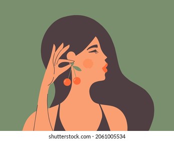 Young woman with long black hair, scarlet lips, blush and cherry earrings in ear. Beautiful elegant female trying on berry jewelry. Stylish fashion girl holding bijouterie in hand. Vector illustration