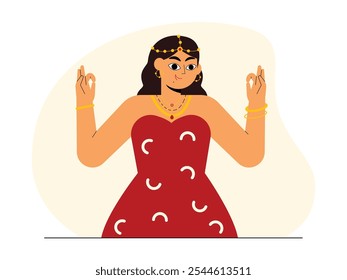 A young woman with long black hair wearing a red sleeveless dress with white curved patterns, wearing gold jewelry on her head, gypsy vector illustration.