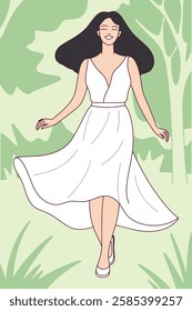 A young woman with long black hair joyfully runs through a green park, wearing a flowing white dress. She enjoys the warm summer weather and the beauty of nature. The illustration is in a flat vector 