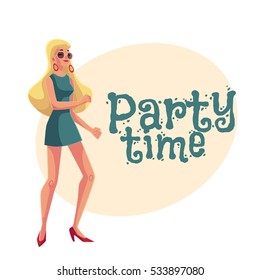 Young woman with long blond hair in short 1960s style dress dancing disco, cartoon style invitation, greeting card design. Party invitation, advertisement, Girl, woman in sunglasses with long blond