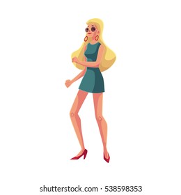 Young woman with long blond hair in short 1960s style dress dancing disco, cartoon style vector illustration isolated on white background. Girl, woman in sunglasses with long blond hair