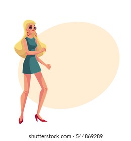 Young woman with long blond hair in short 1960s style dress dancing disco, cartoon style vector illustration on background with place for text. Girl, woman in sunglasses with long blond hair