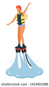 Young woman with long blonde hair wearing life vest and helmet flyboarding. New spectacular extreme water sports. Seaside leisure, beach and recreation vector