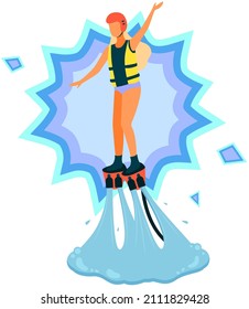 Young woman with long blonde hair flyboarding. New spectacular extreme water sports. Seaside leisure, beach and recreation concept. Girl in jet boots flies over water. Flyboard, sports for happy lady