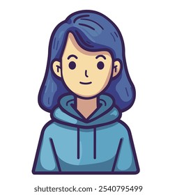 Young woman with long blue hair and a blue hoodie is smiling. She has a cheerful and friendly demeanor, and her outfit is casual and comfortable