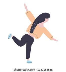 Young woman with long braid dancing. Girl makes a swallow. Flat vector illustration.