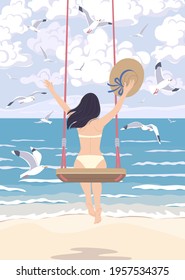 Young woman with long dark hair swinging on a swing at the sea coast. Dreamy girl holding straw hat, back view. Serenity landscape with blue water, small waves and flying gulls. Vector illustration.