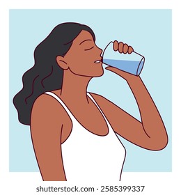 A young woman with long dark hair and a white tank top quenches her thirst by drinking water from a bottle. She enjoys the cool refreshment, staying hydrated in warm weather. Flat vector illustration.