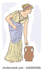 A young woman in a long dress leans to a jug. Vector image in ancient greek style isolated on a white background.