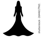 Young woman in long evening dress. Back view. Silhouette. Vector illustration. Tall lady with long hair. Isolated white background. Idea for web design.