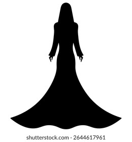 Jovem mulher de vestido longo à noite. Vista traseira. Silhueta. Ilustração vetorial. Senhora alta com cabelo comprido. Fundo branco isolado. Ideia para web design.
