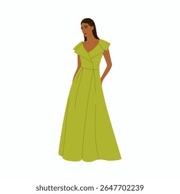 Young woman in long evening dress. Cute girl in a formal stylish outfit for party or celebration. Hand drawn vector illustration isolated on white background, modern flat cartoon style.