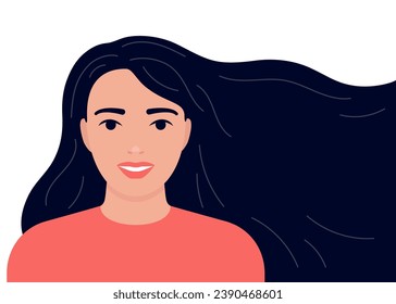 Joven con el pelo largo. Una morena caucásica se preocupa por el pelo en la cabeza. Plantilla para salón de belleza, peluquería, champú o Día de la Mujer, 8 de marzo. Ilustración del vector