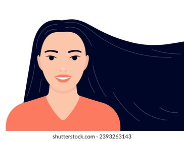 Young woman with long flowing hair. Asian brunette girl care for hair on head. Template for beauty salon, hair salon, shampoo or Women Day, 8th March. Vector illustration