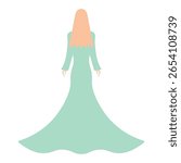 Young woman in long green evening dress. Back view. Vector illustration. Tall lady redhead with long hair. Isolated white background. Flat style. Idea for web design.