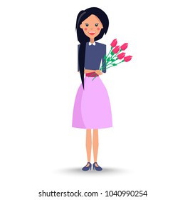 Young woman with long hair in blue blouse and purple skirt stands and holds bouquet of roses vector illustration in flat style