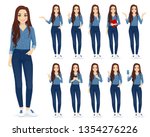 Young woman with long hair in casual denim shirt and jeans set different gestures isolated vector iilustration