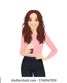 Young woman with long hair in casual style clothes with coffee cup isolated vector illustration