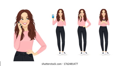 Young woman with long hair in casual style clothes with mobile phone isolated vector illustration