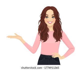 Young woman with long hair in casual style clothes showing isolated vector illustration