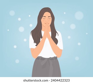 A young woman with long hair clasps her hands together and prays for a happy life. Vector illustration.