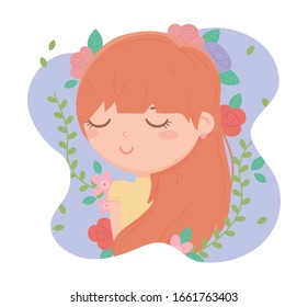 young woman with long hair and decorative flowers cartoon vector illustration