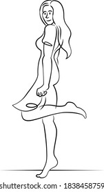 Young woman with long hair in a dress.Continuous single line.Flat sketch line design style minimal artline ink vector illustration.