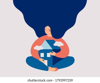 Young woman with long hair embraces her home with love and care. Stay home concept. Vector illustration