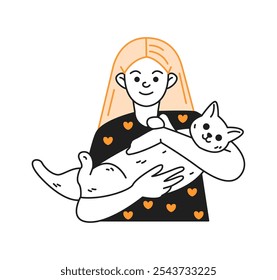 Junge Frau mit langen Haaren hält lustige Katze in Armen Farbe linear Symbol. Redhead Dame Haustier Besitzer genießt Zeit mit Haustier doodle einfache Illustration